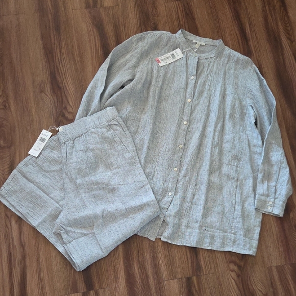 Eileen Fisher Linen Light Gray Striped Set Size Large - Picture 1 of 14